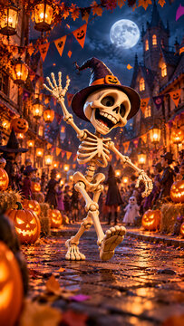 Squelette en chapeau de sorci&egrave;re au d&eacute;fil&eacute; d'Halloween