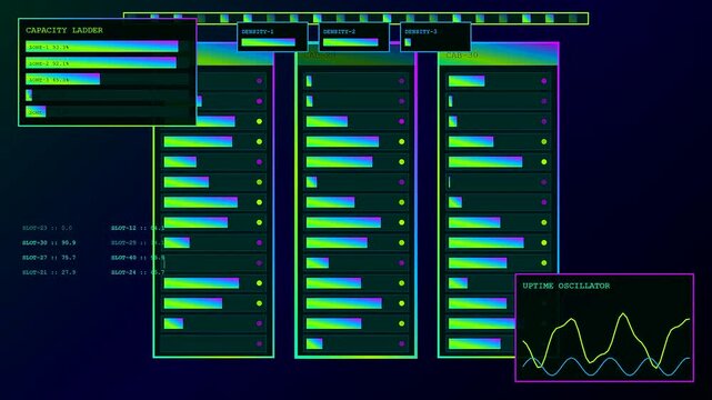 Digital displays showing complex servers telemetry data updates as oscillating waveforms and vertical bar charts cycle through varying metrics in a dark virtual interface environment setting