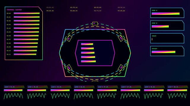 Digital servers telemetry monitoring interface with neon glowing bar charts and circular data nodes showing abstract network traffic patterns in a dark fluid motion sequence