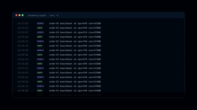 Digital servers telemetry logs stream in multiple dark computer terminal windows displaying rapid rows of system status updates and memory usage metrics during live network monitoring