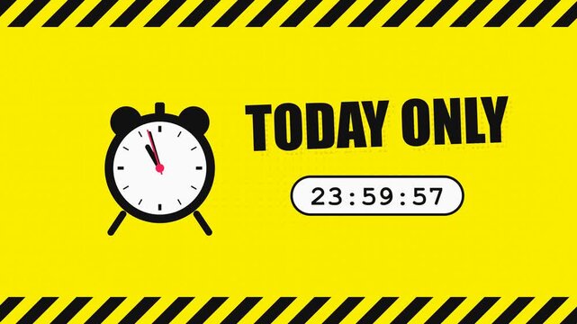 Today only sale with ringing alarm clock, countdown timer and 24 hours badge on yellow caution stripes
