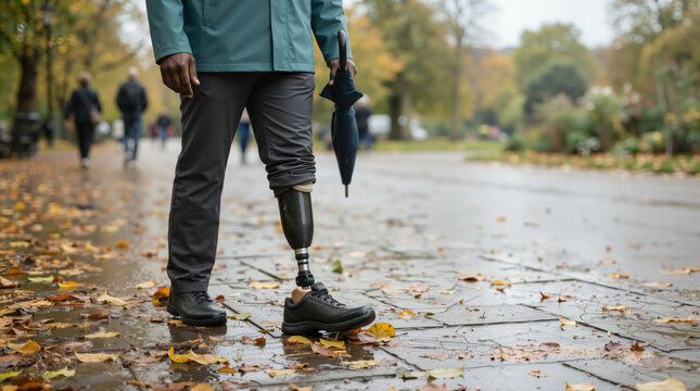 Close up of a Black man with a prosthetic leg standing in an autumn park. Male amputee holding an umbrella on a wet pavement with fallen leaves. Healthcare and mobility concept