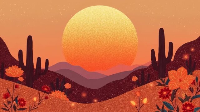 Sunset Desert Landscape with Saguaro Cactus, Wildflowers, Mountains, and Glowing Sun