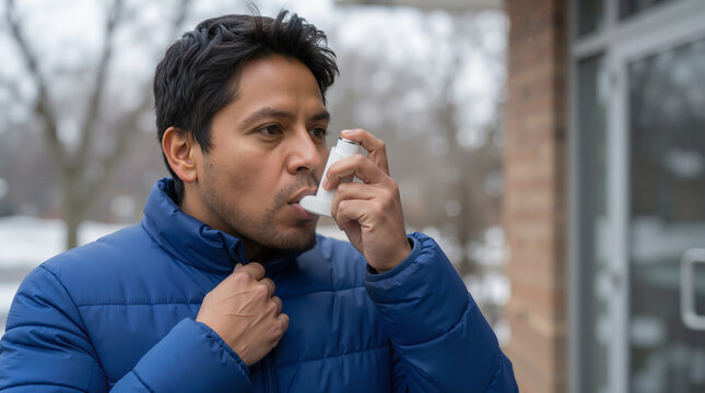 Adult man using asthma inhaler outdoors in winter. Hispanic male patient treating respiratory disease with bronchodilator pump. Healthcare and breathing problem concept