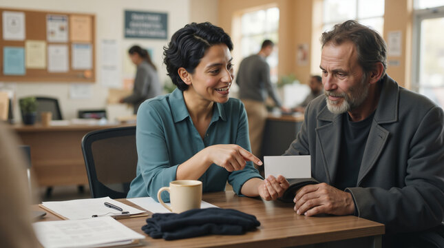 Smiling female advisor pointing at a blank card held by a senior male client. Social worker assisting an older man at a desk in a community center office. Consultation and support concept