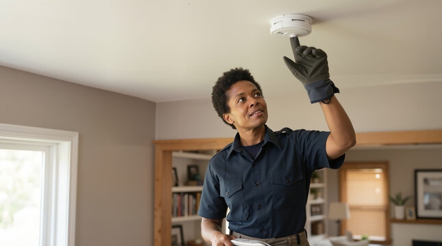 Black female technician in uniform testing a smoke detector on a residential ceiling. Professional woman wearing a glove checking home fire alarm system for safety