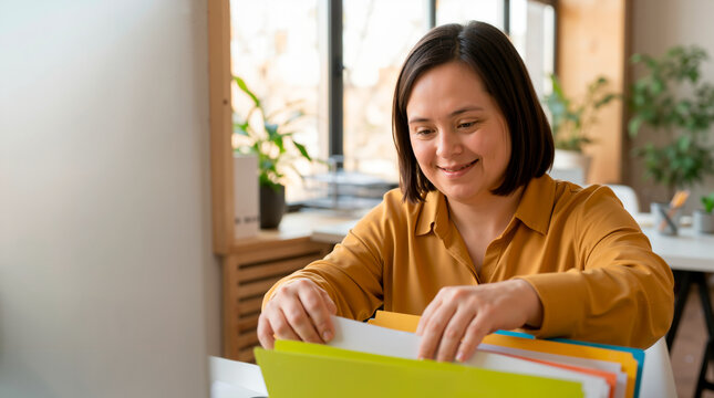 Smiling woman with Down syndrome organizing colorful folders at her desk. Professional female employee working in a bright modern office. Workplace diversity and inclusion concept