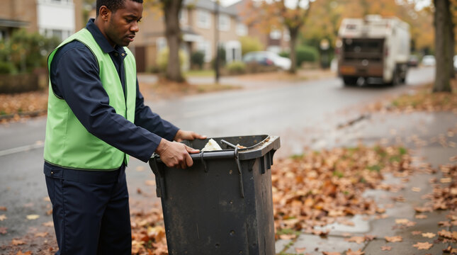 Garbage collector moving a trash bin on a suburban street. African American sanitation worker in high visibility vest during autumn