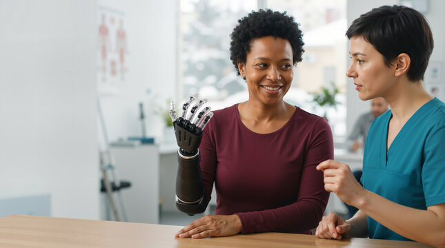 Smiling Black female patient with a bionic prosthetic arm consulting with a doctor. Medical professional examining robotic limb in a modern rehabilitation clinic. Healthcare technology concept