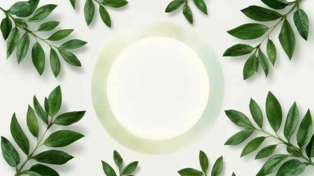 Green Leaves Circle Frame with Blank Natural Botanical Space on Pale Background