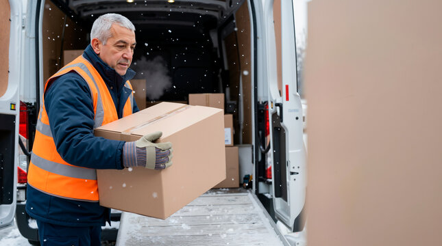 Mature delivery driver carrying a cardboard box from a van in winter. Courier worker in an orange safety vest working during snowfall. Logistics and shipping concept