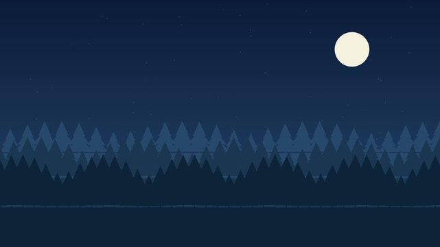 Night forest landscape with full moon and parallax pine trees motion