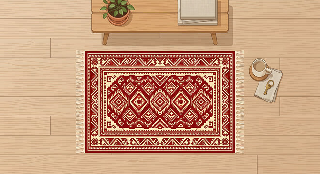 Traditional red ethnic rug on a wooden floor mockup