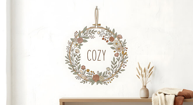 Cozy botanical embroidery hoop wall decor mockup