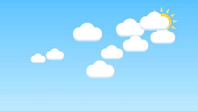 Flat vector animation of white clouds moving across a bright blue sky