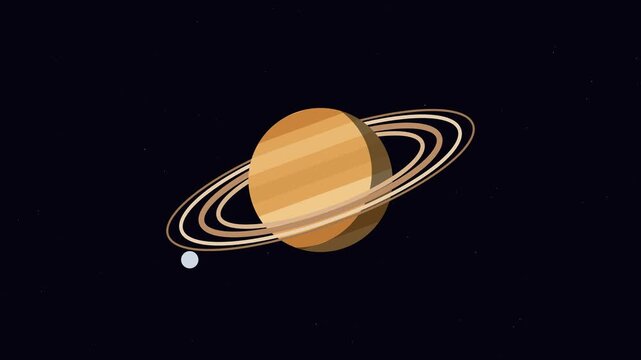 Animated flat design saturn planet with rings and moon orbiting in