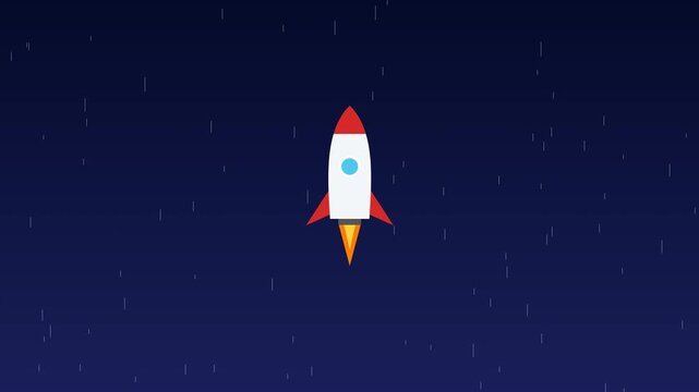 Flat design rocket ship flying through space with motion streaks for