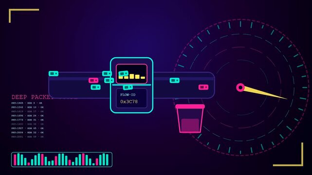 Digital packet inspection process displays multiple animated metrics and flow data within a dark interface showing abstract network monitoring modules in a modern motion graphics loop