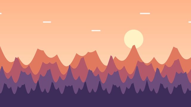 Flat vector animation of sunrise over layered mountain ranges with