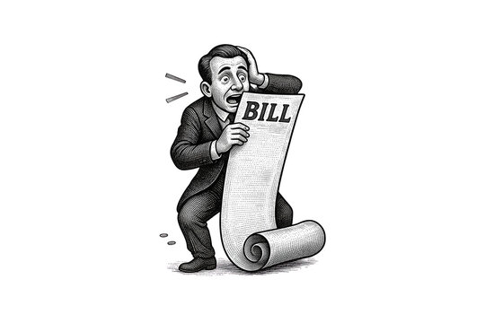 Vintage illustration of a stressed businessman holding a long scroll of paper labeled as a bill