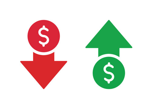 dollar symbol with red and green arrows, money up and down profit and loss vector icons