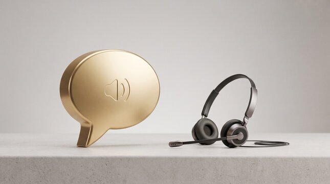 golden speech bubble icon with audio speaker and customer service headset on table