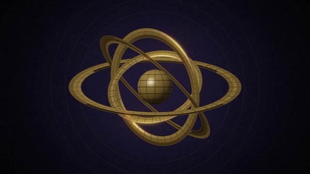 Engraved golden astrolabe rings rotating around each other on dark background, antique 4K seamless loop