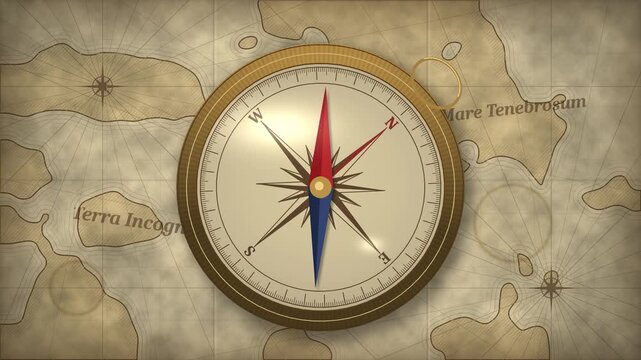 Vintage compass needle swinging and settling over an aged parchment map, adventure 4K seamless loop