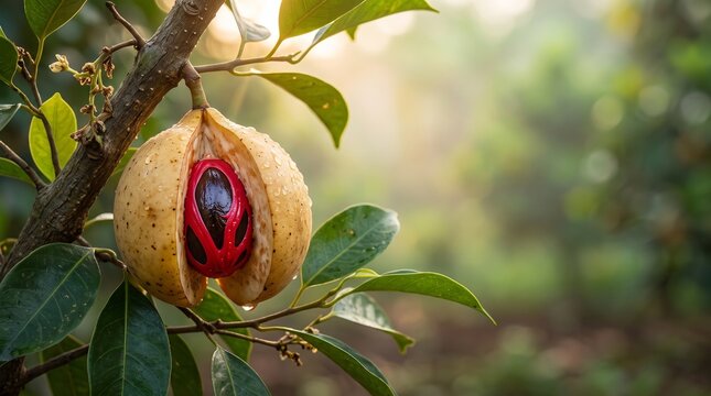 Fresh ripe nutmeg fruit cracked open revealing red mace and seed on tree
