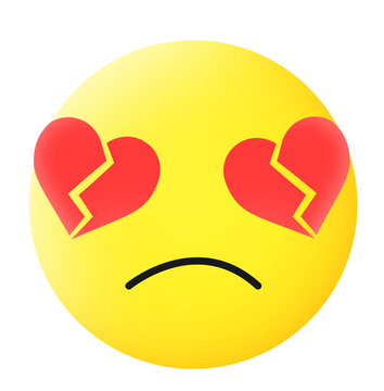 Yellow sad emoji face with broken heart eyes isolated on transparent background, sad feeling concept