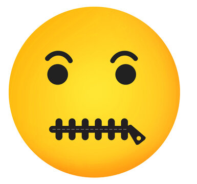 Yellow emoji face with zipped mouth showing silence or secrecy close up, isolated on transparent background