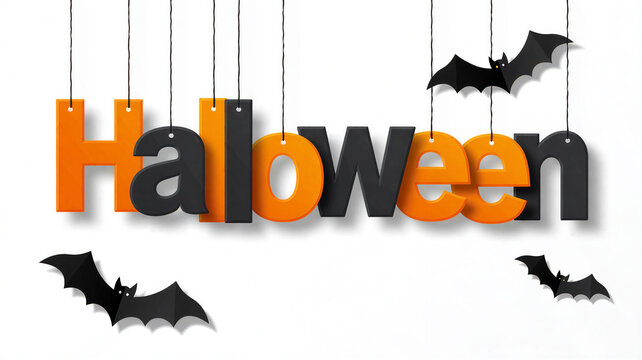 Realistic 3D render of Halloween hanging letters and bats