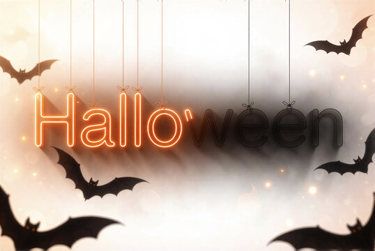 Dramatic glowing Halloween hanging letters with magical bats