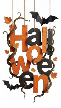 Elegant Halloween hanging typography with paper bats vector