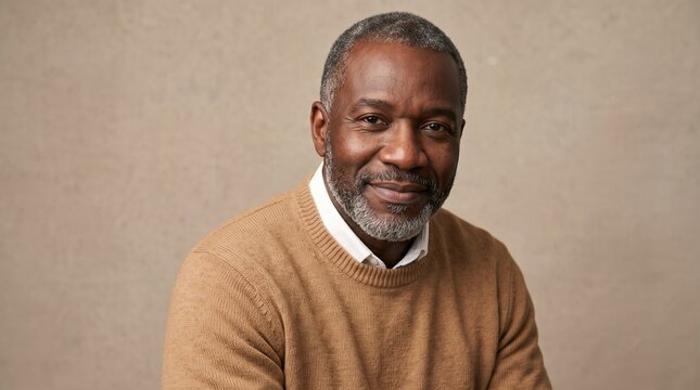 Portrait of a mature African American man with a friendly smile wearing a brown sweater
