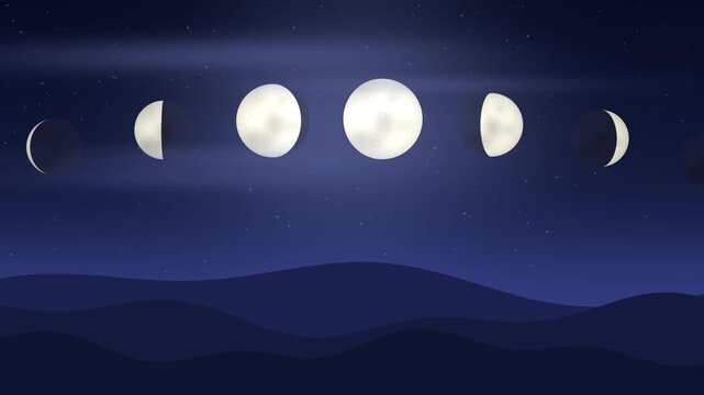 Minimal night sky with slowly sliding moon phases over soft hills for sleep apps, 4K seamless loop