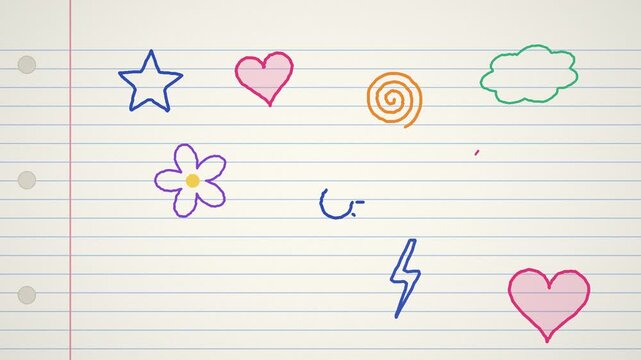Hand-drawn doodle stars hearts and swirls looping on lined notebook paper, playful 4K seamless loop