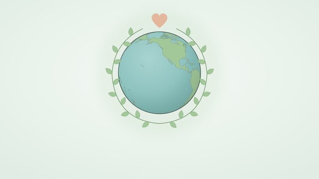 Happy Earth Day globe framed by leafy wreath with heart and April 22 on soft mint background