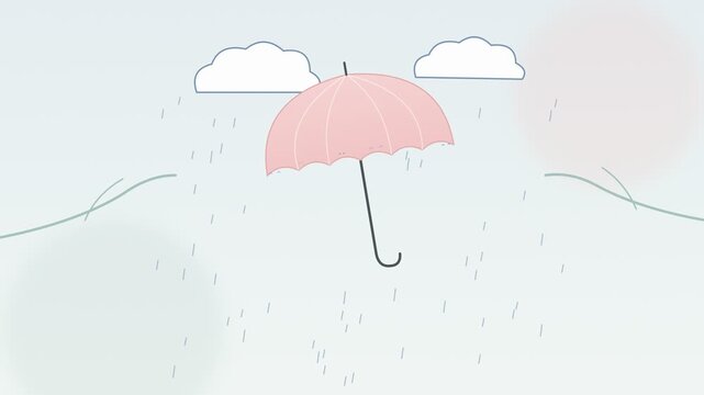 Hello April text with pink umbrella in spring rain and blossom branches on soft pastel background