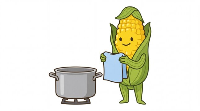 Smiling corn cob cartoon character cooking food in a pot