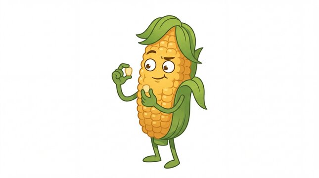 Funny corn cob cartoon character holding a kernel on white background