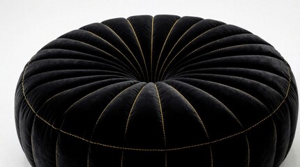 Naklejka premium Modern black velvet puffer ottoman with bright yellow contrast stitching. Round quilted pouf stool features pleated texture, soft fabric. Stylish circular cushion serves as decorative accent piece in