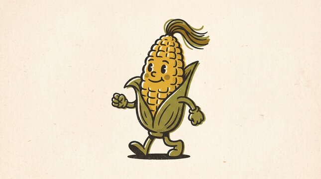 Vintage walking corn cob cartoon mascot character
