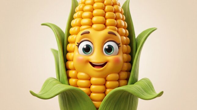 Friendly corn cob cartoon mascot with green husks smiling