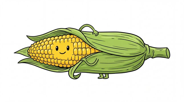 Adorable corn cob cartoon character with happy face and green husk