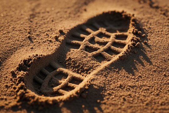Aerial tilt shift view of deep boot print in wet sand. Detailed shoe sole texture leaves mark on damp ground. Hiking track shows trekking path, wilderness adventure trail in nature. Outdoor camping