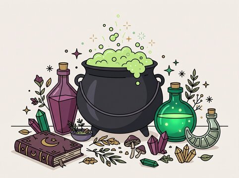 Hand drawn illustration of a witch cauldron, magic potions, spell book, and crystals
