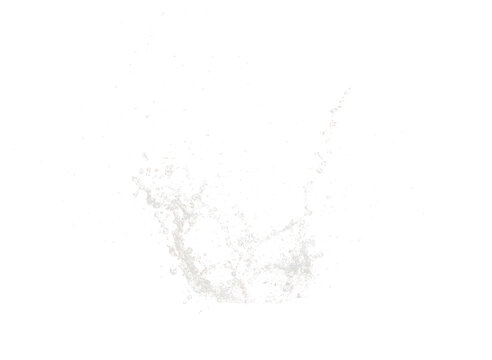 Fresh water pouring into bowl. Filling water into bowl make splashing droplet around on air floor. Black background isolated, high speed photograph