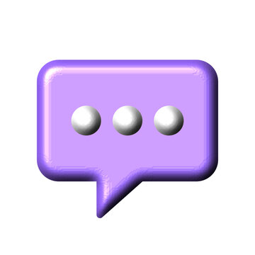 3D purple speech bubble with three dots, glossy chat icon for messaging apps, modern communication symbol isolated on white background