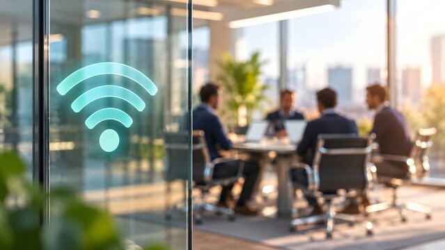 Glowing wifi symbol on glass wall with business team meeting in modern office boardroom representing corporate wireless network and fast internet connectivity